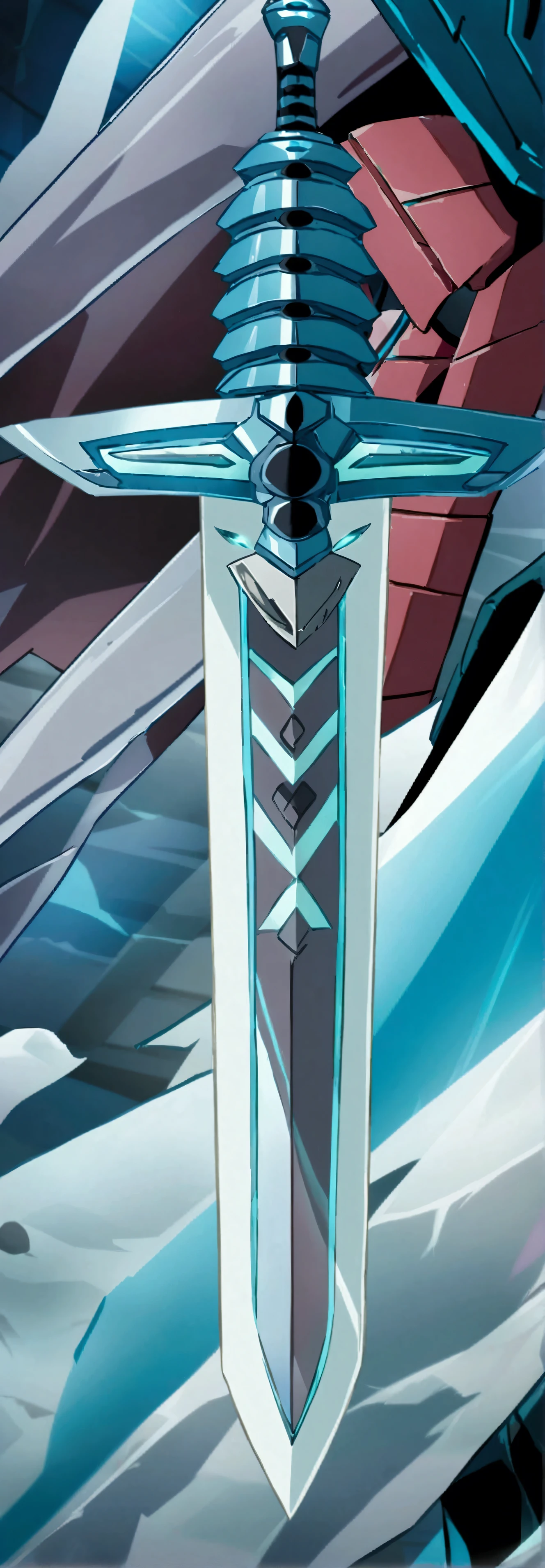 (((full sword))) (foreground)Anime sword with blue and black paint on it in front of a blue background., ghost sword style, dueling style, Void Crystal Obelisk, Armored sword blade, Detailed key anime art, silver ice-colored reflected armor, extreme hyper detail, shining sword, Magic sword, detailed image, Holographic foil!, shining sword