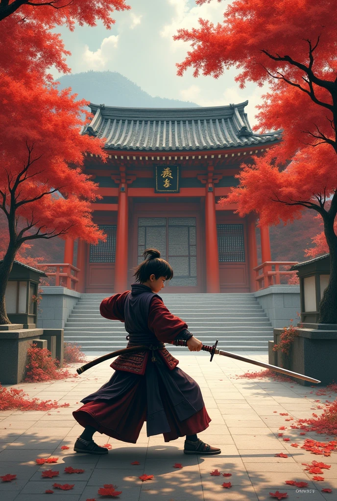 Cool Samurai boy, doing sword practice, red tree temple,