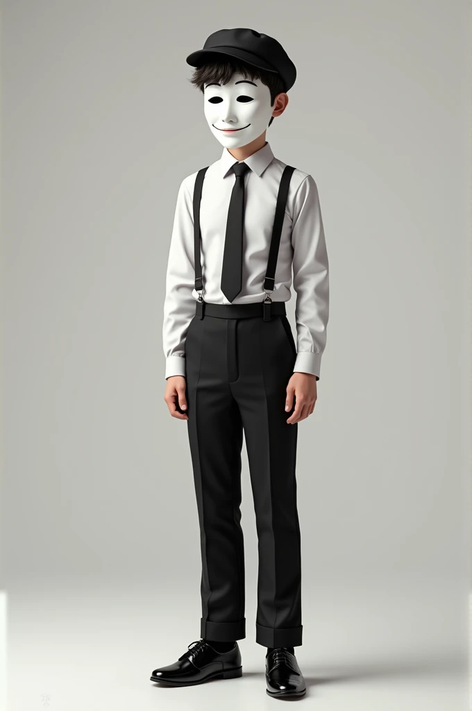Make a boy who is 175 CM tall, wear a black cap backwards a white dress shirt with black suspenders, with black tie, black dress pants, black dress shoes, and wear a white comedy mask.