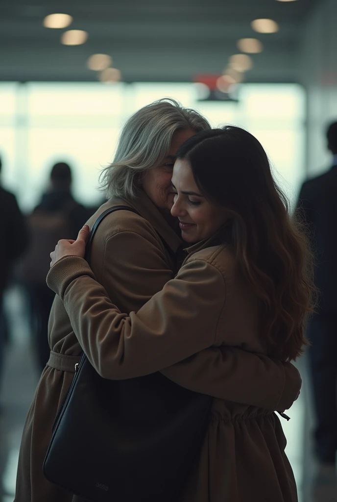 A middle aged women on airport departure gate good bye her daughter caring expression