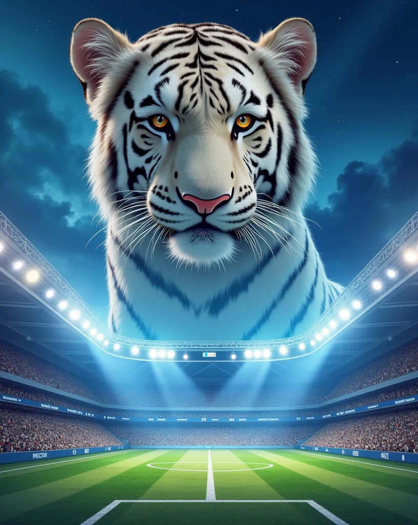 Make me a flyer with a football stadium in the background and a beautiful blue night sky with a white tiger on top of the stadium