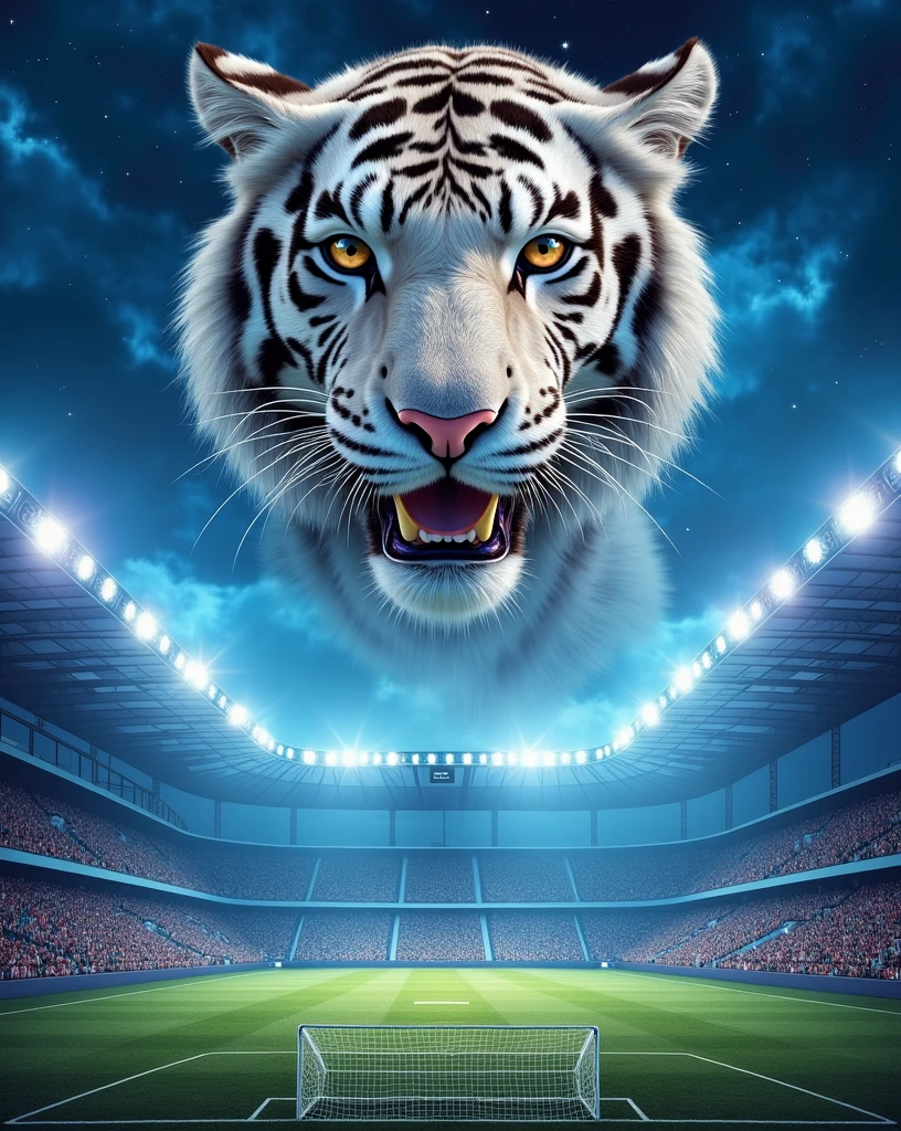 Make me a flyer with a football stadium in the background and a beautiful blue night sky with a white tiger on top of the stadium