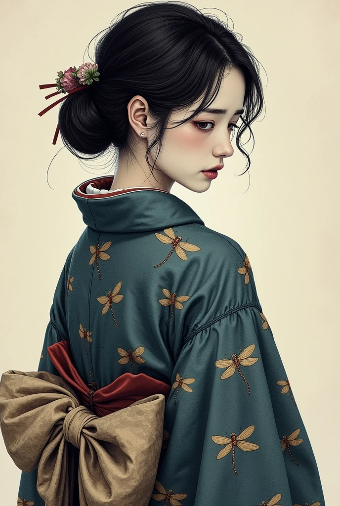 ((Highest quality)), ((masterpiece)), (detailed),One woman, Woman in yukata、Painful face、Back view、Portrait、The yukata pattern is a dragonfly、The type of yukata is Arimatsu Shibori