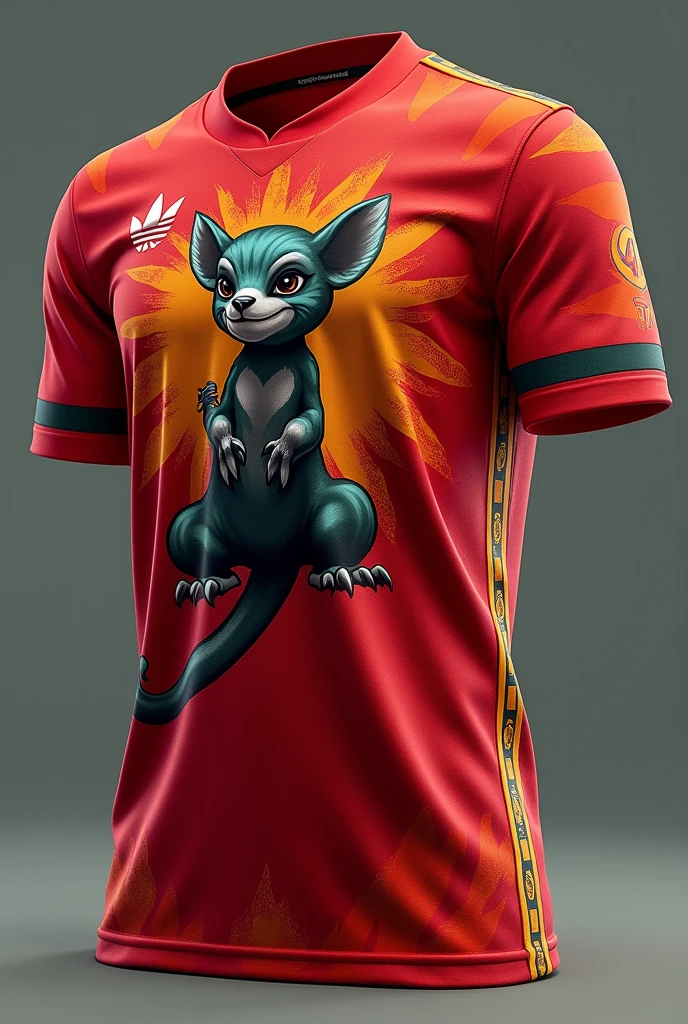 An olingo animal team jersey with predominantly red color