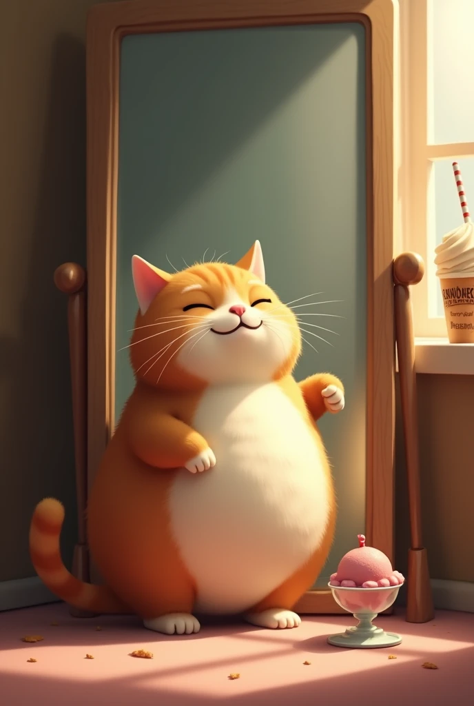 (Cat),主人公のCatが、I stand in front of the mirror, gazing in amazement at my plump figure.。There's an ice cream stain on his mouth、In the background is a half-eaten cup of ice cream.。