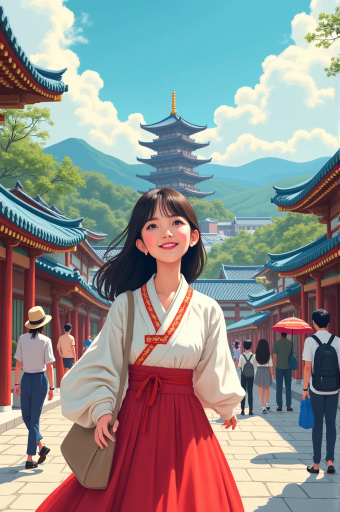 Create illustration image of tourist girl, hanbok dress, girl enjoy exploring south korean place like n Seoul tower, korean drama place, BTS etc