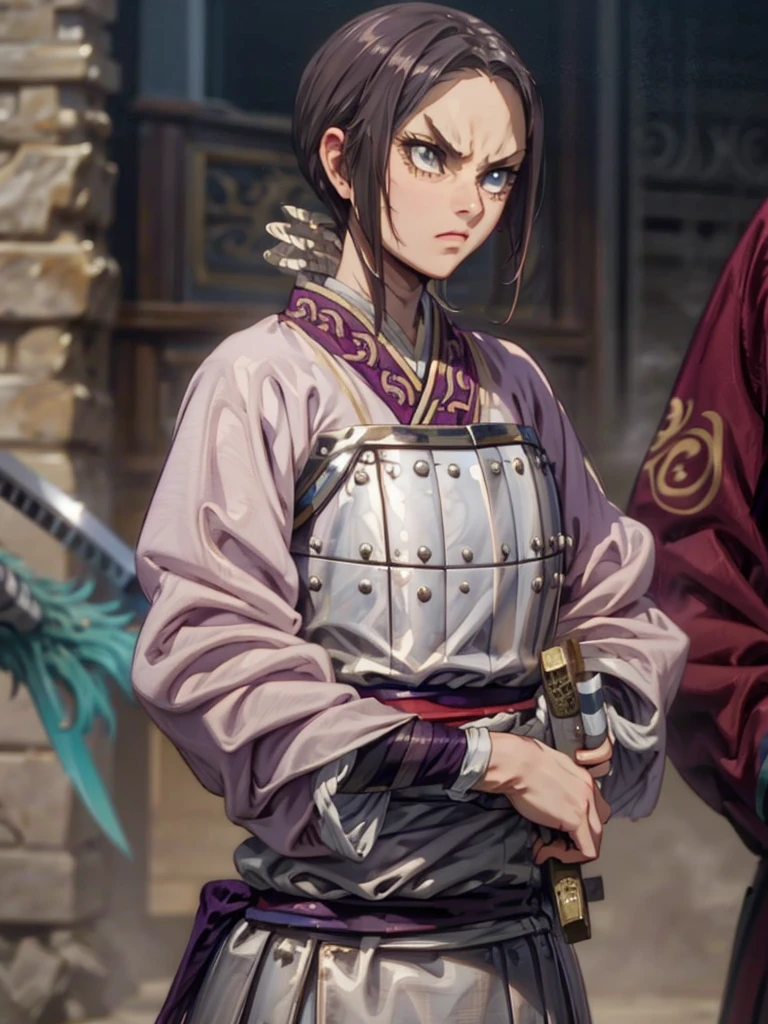 8k, Highly Detailed, Masterpiece, source_anime, best quality, beautifully detailed eyes and beautifully detailed hair, 1girl, solo, a character with fair skin, large expressive eyes, and dark brown hair styled in a neat  tied back, straight manner, sharp facial features face,  They are dressed in traditional warrior attire, consisting of a white robe with purple and gold accents, and silver armor plating on the chest and forearms. The character also wears a dark blue belt and has two swords sheathed at their sides. The overall design is detailed and emphasizes a historical or fantasy warrior theme. The background consists of a stone wall, adding a rustic and historical feel to the scene. The character's facial expression is serious and focused, suggesting determination or concentration, 