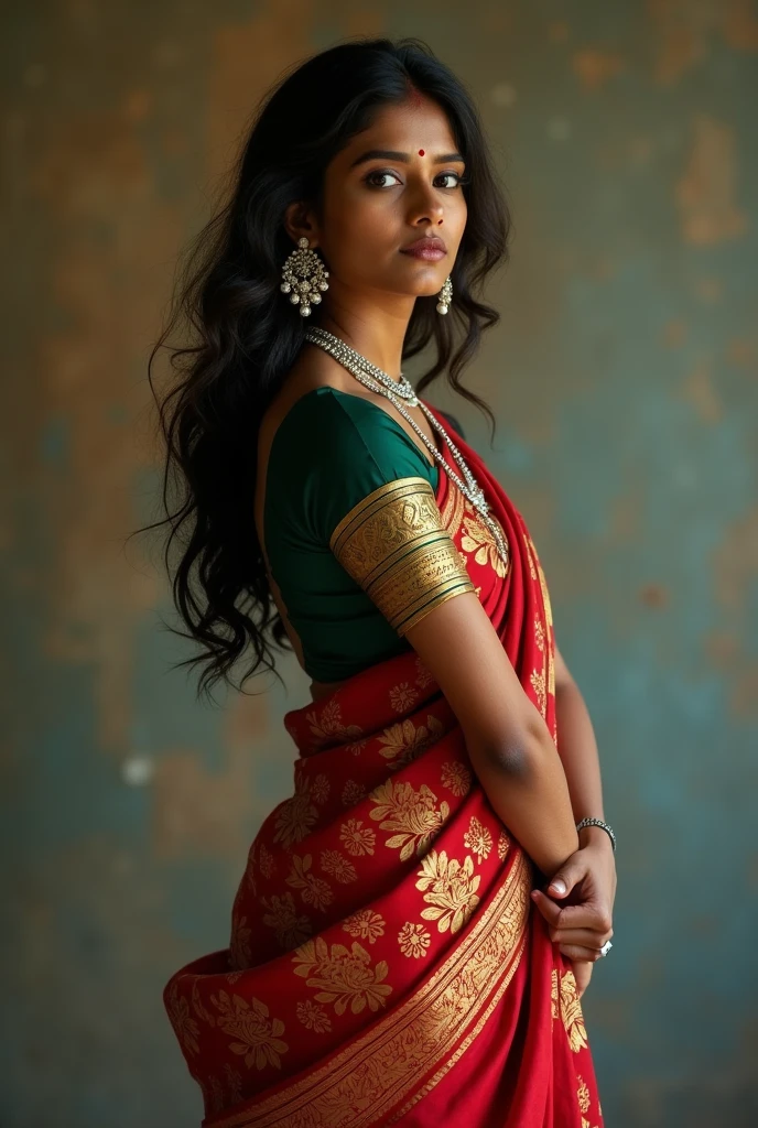 A stunning young woman, aged 19, is depicted in a graceful Bharatanatyam pose with a modern twist, standing straight and elegantly poised. She is wearing a vibrant red saree with intricate gold patterns and a deep green blouse, her traditional jewelry adding a touch of elegance. Her posture exudes confidence and beauty, with one hand in the Shikara mudra and the other in the Alapadma mudra, symbolizing strength and love.