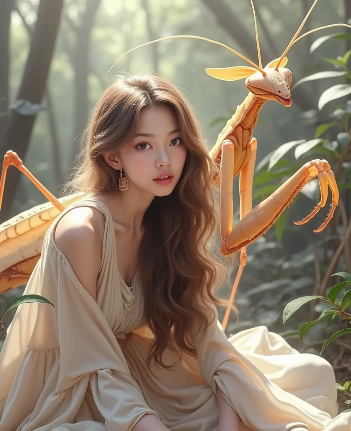 traptrixmantis,short,mantis sleeve,solo, 1girl,full body,sitting,forest background,masterpiece,solo,beautiful detailed eyes,finely detail,detailed face,vivid color,5 fingers,finely detailed,hyper detailed,detailed hand,8k,finely detailed beautiful eyes,high resolution illustration,best quality,