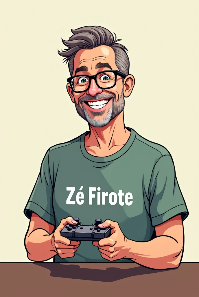 I want a cartoon drawing of a man with small beard with glasses with a video game controller in his hand and wearing a t-shirt with Zé Firote written on it.