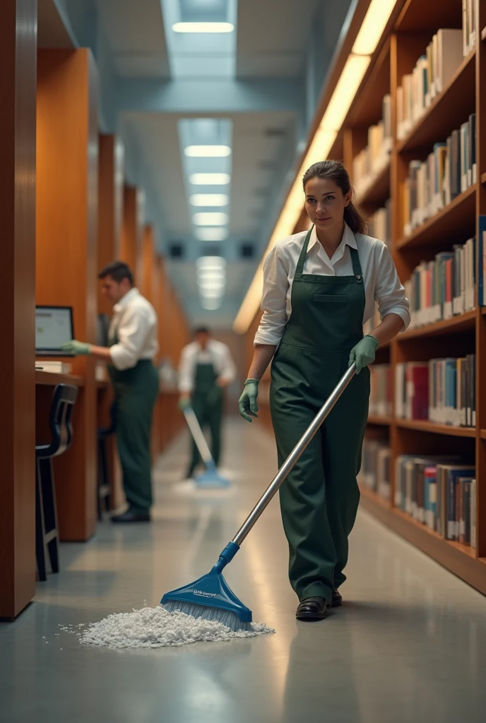 Cleaning people in a university area such as a library use real people