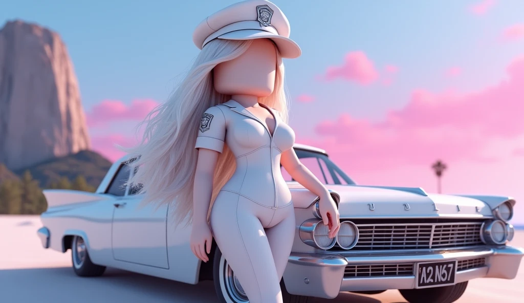 Beautiful tall square Roblox female doll, with white long hair and white police cap, white short blouse and no lips, white skin, no mouth, and beautiful body with wide hips and thin stomach, leaning on a classic car, no lips, no mouth (cartoon), Vice City GTA, stone mountain background on the beach with pink sky