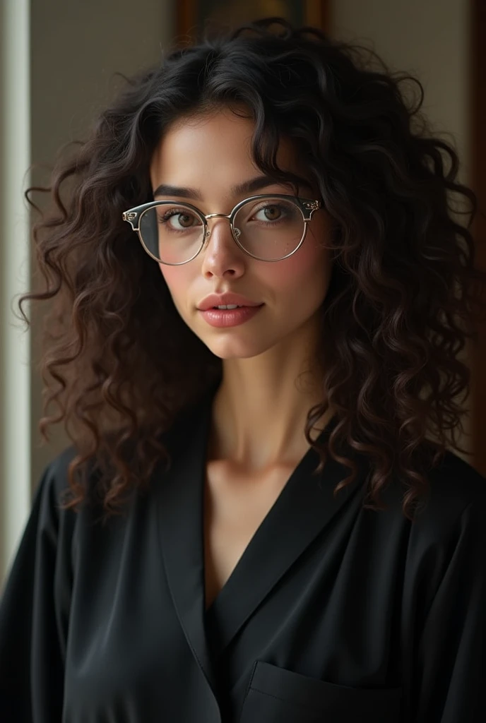 Draw a picture of a person with hair down to their breasts, com curvatura 3A 3B, Caucasian skin, eyes browns, slightly thick eyebrow, half round eyes, small mouth with larger lower lips, medium nose, with dark academic outfit mbti Infj style with thin round glasses transparent, not nerdy. Darker eyes, most realistic, curly hair 3B 3C, Caucasian skin. Curlier hair and visible cheeks, Curlier hair.