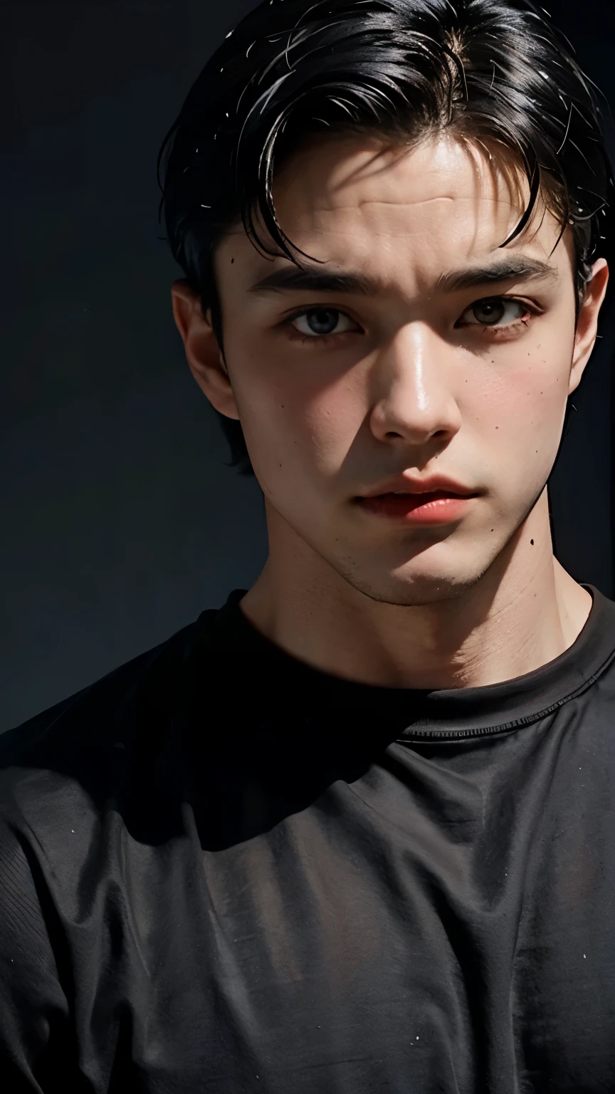Young Bruce Wayne man black hair, big muscular body, black t-shirt, in dark room, close up face short