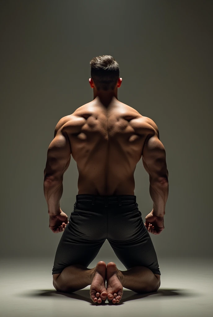 A muscular man kneeling with his back to the,Turn your head and look expectant