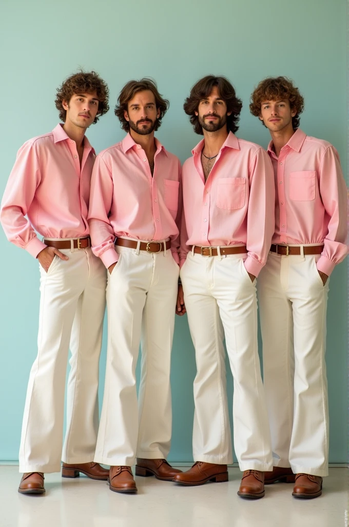 
Show me a photo of men wear a light pink shirt with white bell bottom pant and brown boot