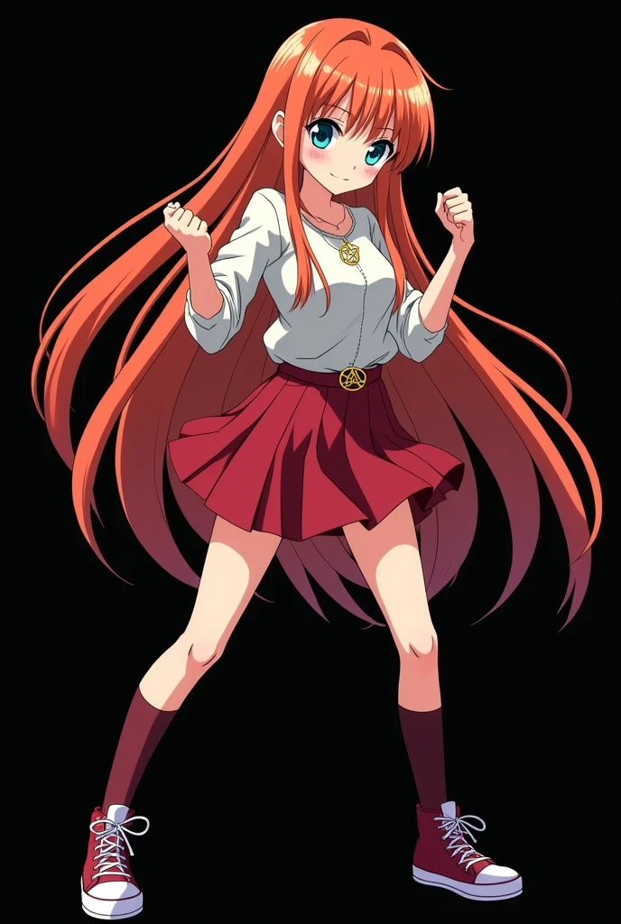 full image of an girl, personagem do anime "JUJUTSU KAİSEN", with long, straight, fire-colored hair with two white streaks highlighted in the front, framing your face, blue-green eyes and pale skin. she is a Wiccan, she is in fighting pose. she wears a pentagram necklace, tight skirt, beautiful women's high-top shoes and ¾-long socks. with animation by Gege Akutami, anime creator. black backdrop.