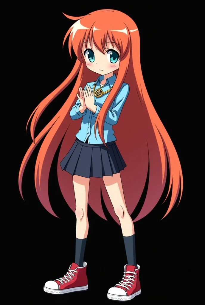 full image of an girl, personagem do anime "JUJUTSU KAİSEN", with long, straight, fire-colored hair with two white streaks highlighted in the front, framing your face, blue-green eyes and pale skin. she is a Wiccan, she is in fighting pose. she wears a pentagram necklace, tight skirt, beautiful women's high-top shoes and ¾-long socks. with animation by Gege Akutami, anime creator. black backdrop.