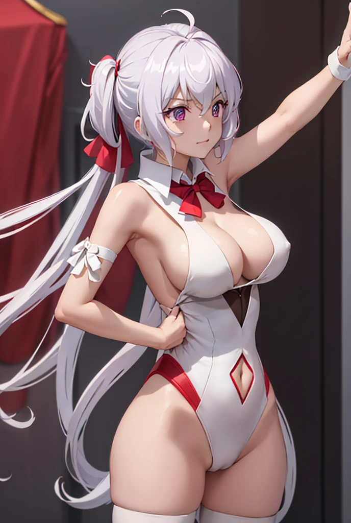 ((masterpiece)), ((Best quality)), (high resolution), (illustration), (an extremely delicate and beautiful), (ultra detailed beautiful face and eyes), nsfw, 1girl, leaning forward, YukineChris, long hair, purple eyes, twintails, low twintails, ahoge, large breasts, fishnet pantyhose, red a bow tie, volumetric lightning, lady battle armor、
detailed skin texture, detailed, volumetric shadow, anime screencap,Highest quality, Sorceress, ancient babylonian nobility, ((tan skin:1.2)), (brown skin color),Long hair, twin braids, hair ornament, wine colored hair, smile, Below average size breasts, bare shoulders, (underboob:0,Red leotard)Torn clothing、clothes get torn、Legs apart, facing forward, arms folded、Wide-open legs、Standing with your legs apart、Front 8K, masterpiece, Best_quality, high_resolution, ultra_details, detailed, 1girl, 独奏, looking_at_viewer, upper_body, indoors, braid, blurry, bangs, white_hair, blurry_background, collared_shirt, church, hair_ribbon, hair_between_eyes, sidelocks, depth_of_field, light_particles, they are,snow,temple knight、french_braid, Alphonse Mucha Style, sharp focus, perfect hands, perfect face, perfect eyes, perfect light, dynamic light, natural light, Masterpiece, Best quality, red dress、Yukine Chris、Symphogear