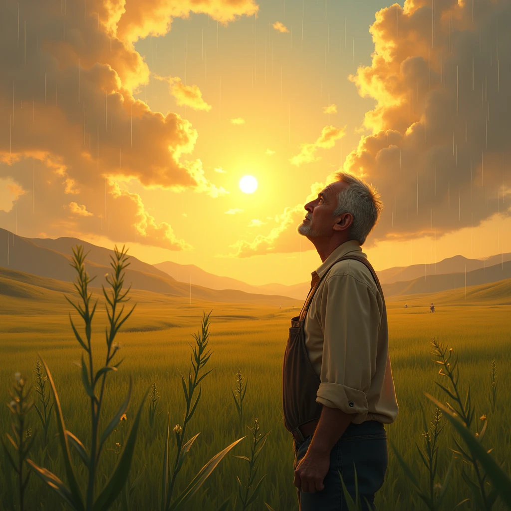 Visualize a farmer standing in a vast field under a golden sunset, looking towards the heavens with a hopeful expression. The field is filled with young crops beginning to sprout, and rain clouds are forming in the distance, signifying both the patience and anticipation for growth and divine blessings.