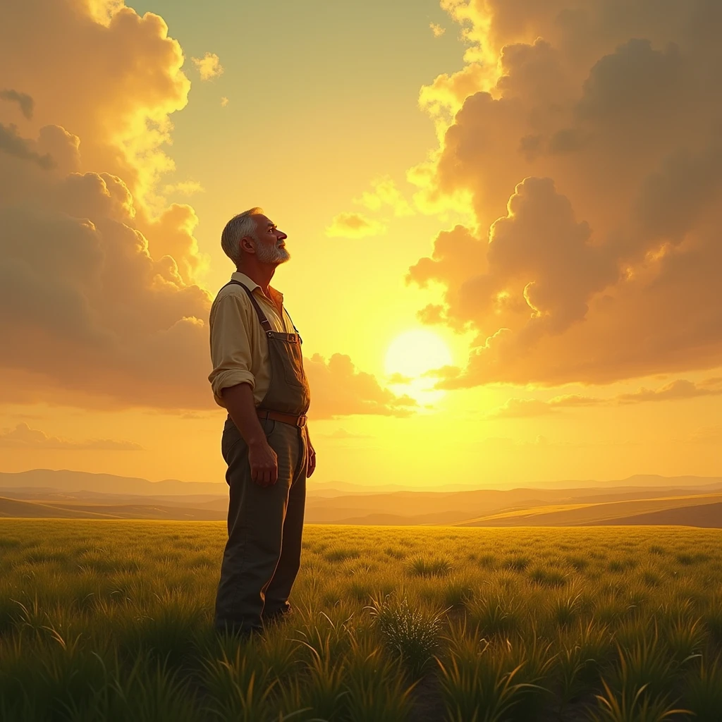 Visualize a farmer standing in a vast field under a golden sunset, looking towards the heavens with a hopeful expression. The field is filled with young crops beginning to sprout, and rain clouds are forming in the distance, signifying both the patience and anticipation for growth and divine blessings.