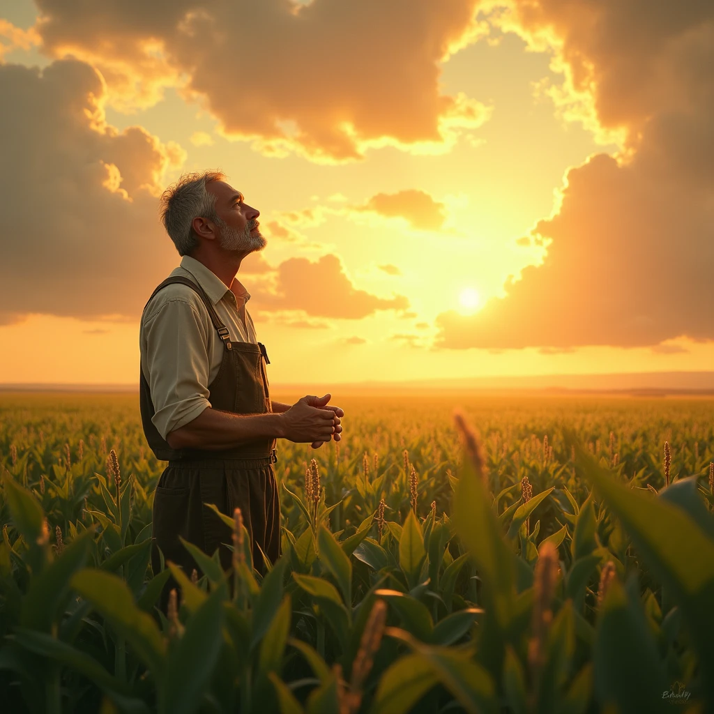 Visualize a farmer standing in a vast field under a golden sunset, looking towards the heavens with a hopeful expression. The field is filled with young crops beginning to sprout, and rain clouds are forming in the distance, signifying both the patience and anticipation for growth and divine blessings.