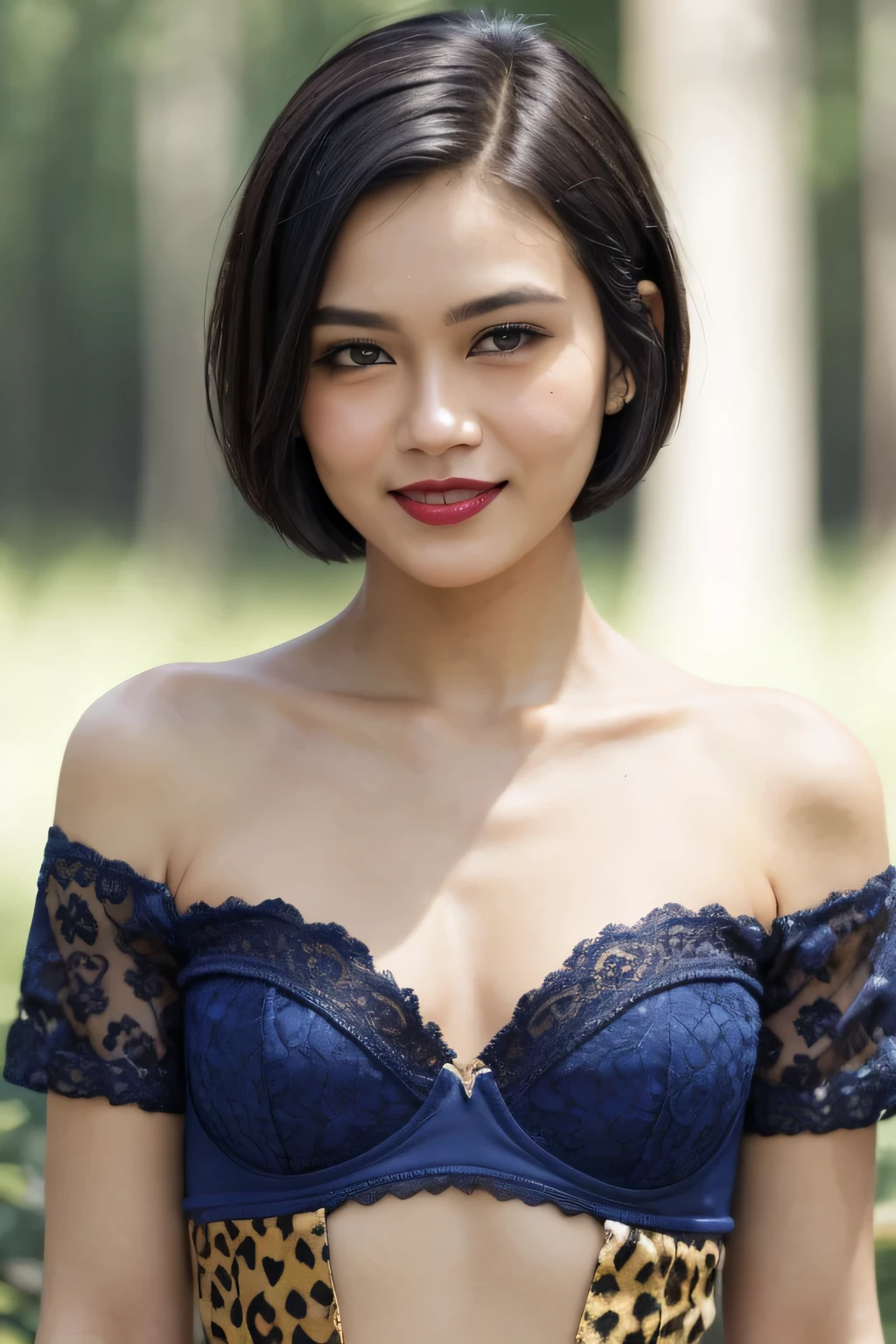 ((Leopard Pattern)), (((((HALF BODY PORTRAIT))))), ((FLAT CHEST:1.8)), ((Lace)), (Happy smile), masutepiece, High quality, UHD 32K, Realistic face, Realistic skin feeling , A INDONESIAN Lady, 5 matured lady, , Very cute and baby-like face, (((FLAT CHEST))), (Night time at forest), ((look In front at the camera and SADNESS)), (((CUTE GIRL))), ((DARK RED FLUORESCENT LIPS)), ((Leopard Pattern)) little wearing strapless bra, strapless colorful bra, dark night background , black forest night, horror scary place, (from behind up) seductive pose. ((((VERY SHORT HAIRCUT)))