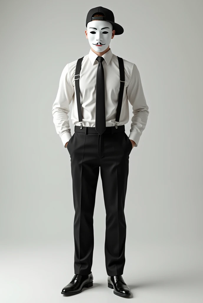 Make a boy who is 175 CM tall, wear a black cap backwards a white dress shirt with black suspenders, with black tie, black dress pants, black dress shoes, and wear a white comedy mask. A little more adult
