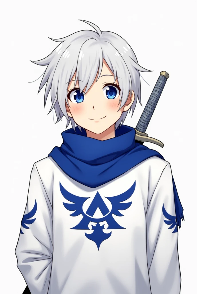 Make a male anime character with short white hair blue eyes male smiling with a blue scarf white shirt with the letter A printed on the shirt with wings on the side of the letter A and a crown on top of the letter A and with a sword on the back white with blue details