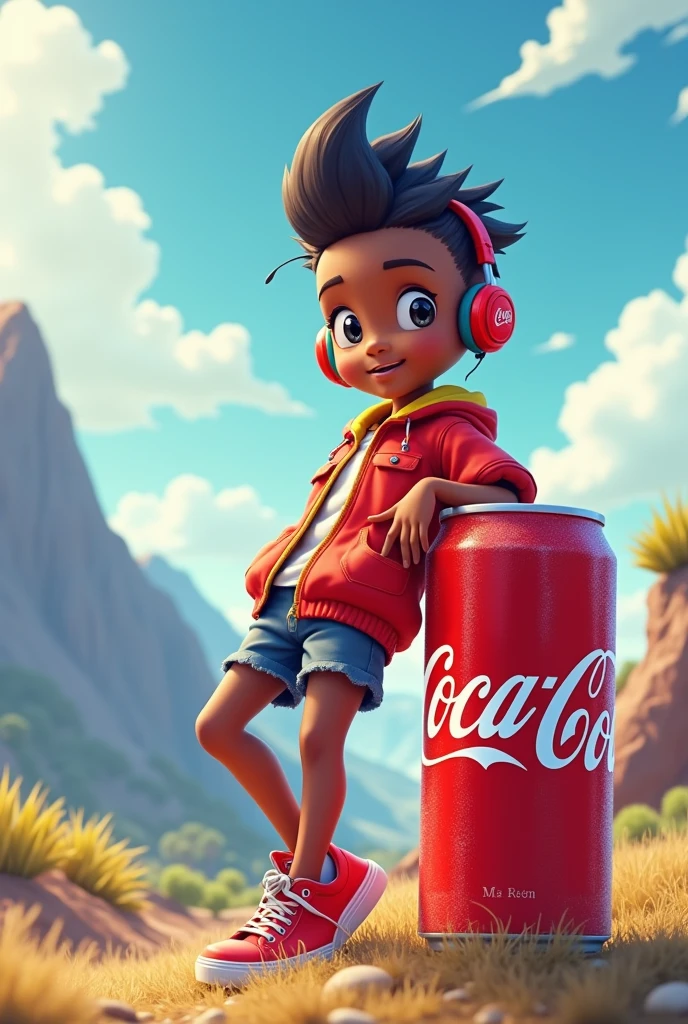 A 3D render of an anime-style scene with a frosty red Coca-Cola can. The can is adorned with a charming and handsome Nigerian, light skinned,  boy, high hair cut, named Kamsi, who wears a vibrant outfit and headphones and leans against the can with a smile. The background includes a sunny landscape with mountain.