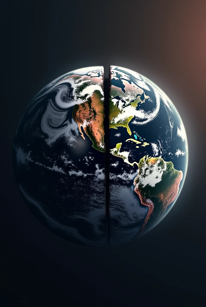 Image of the earth split in half. One half in black and white and the other half in color.. 