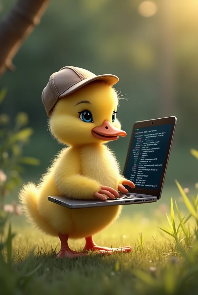 Duckling with a cap holds his laptop on his back while he is programming, let the code be seen