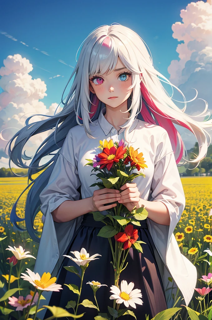 Long-haired, colorful girl, heterochromia, upper body, flower field, big flower