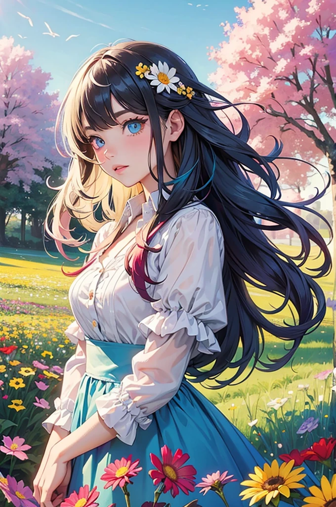 Long-haired, colorful girl, heterochromia, upper body, flower field, big flower