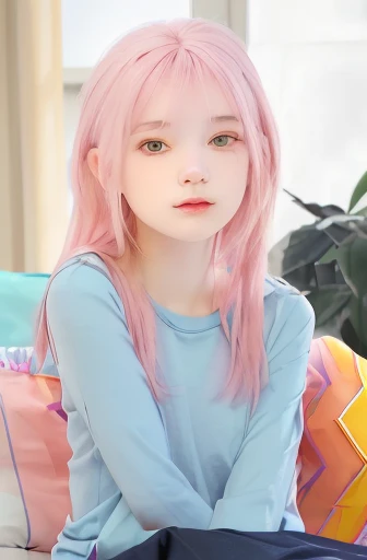 1 girl, pink hair, wearing a long plain blue t-shirt, cute, realistic