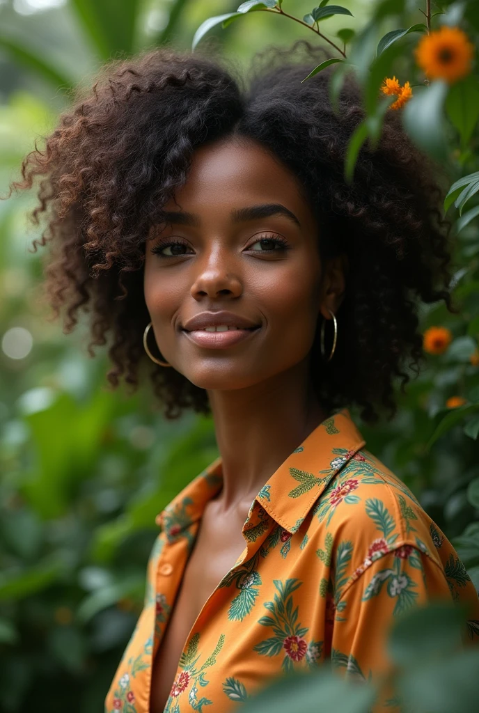 A Brazilian woman in a lush tropical garden, wearing an open shirt with a floral print, with a close-up capturing the harmonious beauty between her breasts and the natural flowers, showing off your natural charm and outgoing personality.