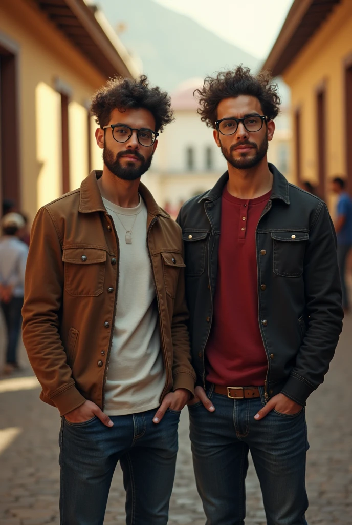(photorealism:1.2), two beautiful mans, glasses, peruvian, university, tall, short curly hair, "no beard", casual clothing, soft lighting, relaxed pose, realistic, intricate details, warm colors, by Greg Rutkowski, by Alphonse Mucha
