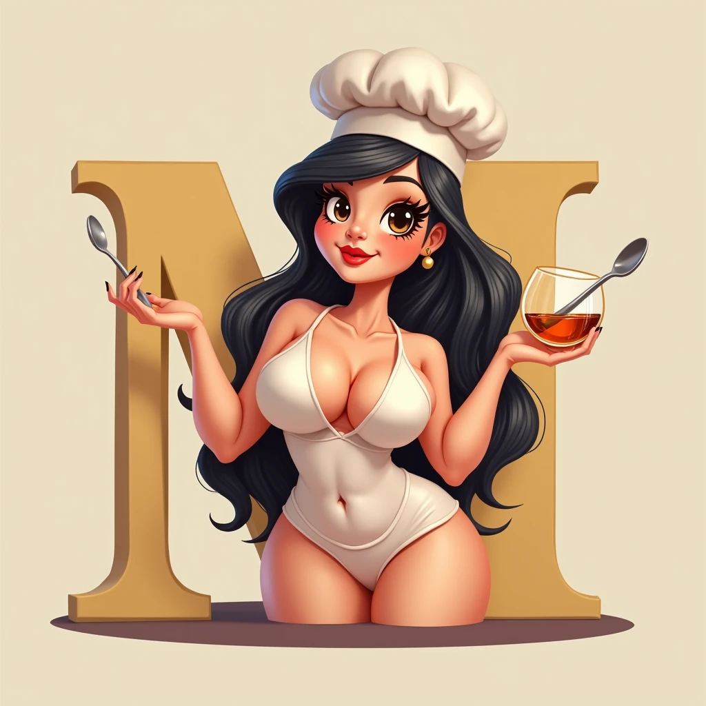 goofy and very girly letter M with decent amount of cleveage, big eyelashes, brown eyes, long dark hair, chef’s hat, holding a glass of whiskey in one hand and spoon in other, use neutral tones