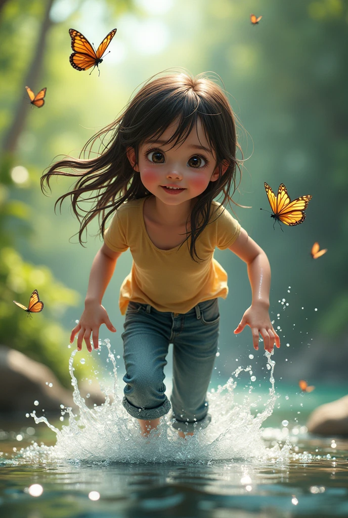 A girl wearing wet jeans splashing water with her hands, butterflies in the background