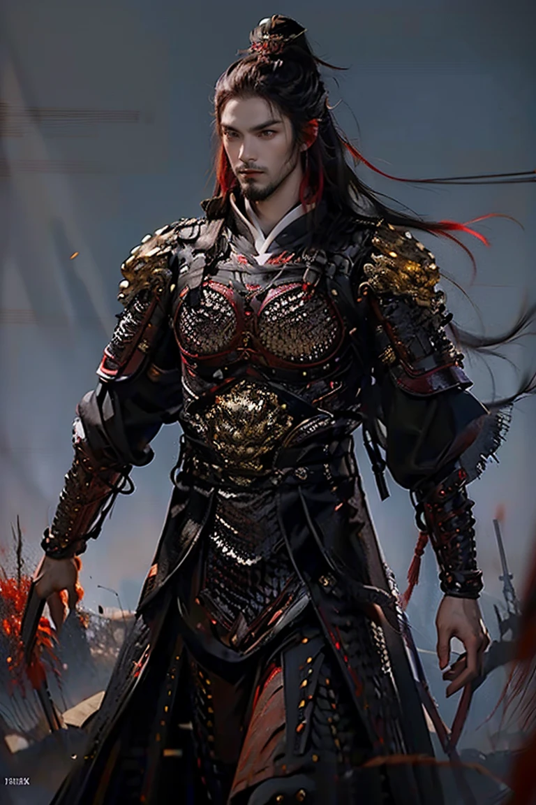 a man with long black braided hair and black eyes wearing black and red Chinese skin armor over traditional clothes, blood red tones, bringing power and danger to the image, he has a thin and imposing beard and has expressions of older age, man older with beard (best quality, 4k, 8k, high resolution, art - prime: 1.2), ultra detailed, (realistic, photorealistic, photorealistic: 1.37), extremely detailed eyes and face, long eyelashes, black armor details Intricate, traditional Chinese robes, flowing hair, black and red color palette, powerful and serene expression, dramatic lighting, cinematic composition, award-winning digital art
