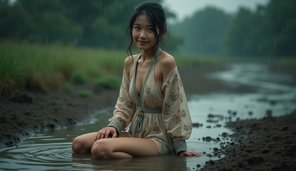 a woman that is sitting in the mud, anime thai girl, 2019 trending photo, dirty face, japanesse farmer, it is night and raining, with a orientalist smileful face, sexy girl, chinese dress, underwear ad, farmville, ancient photograph, cute adorable, sludgy, hoang lap, unknown, plains, bad print