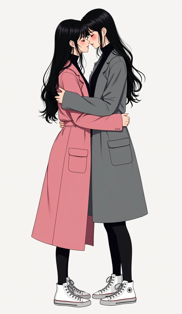 Two young women long black hair, yuri, same height.

The first young women wear a long pink coat, The secomd young women wore a long grey coat, they are wearing the black shirt, black pencil skirt, black underpants, long black tights, medium black socks, white sneakers high top, hugging, closed eyes, light grey background, cartoon novel, 4K, HD