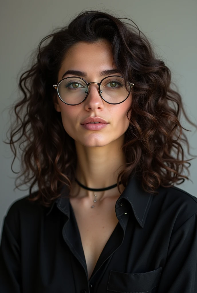 Draw a picture of a person with hair down to their breasts, com curvatura 3A 3B, Caucasian skin, eyes browns, slightly thick eyebrow, half round eyes, small mouth with larger lower lips, medium nose, with dark academic outfit mbti Infj style with thin round glasses transparent, not nerdy. Darker eyes, most realistic, curly hair 3B 3C, Caucasian skin. Curlier hair and visible cheeks, Curlier hair. of 12/