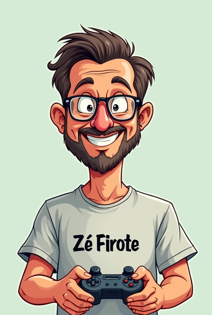 I want a cartoon drawing of a man with small beard with glasses with a video game controller in his hand and wearing a t-shirt with Zé Firote written on it.