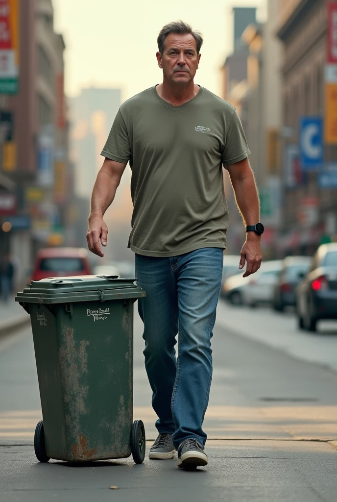 A man is walking, The man is surprised because suddenly a garbage can appeared next to him