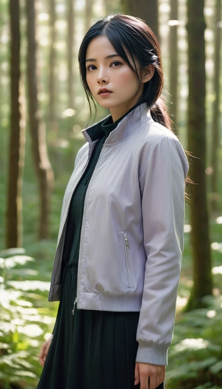 A young woman with long, straight black hair and pale lavender eyes, wearing a soft, light gray jacket with a high collar. Her hair flows gently in the breeze, framing her serene and determined expression. Her skin is fair, and she has a slightly shy yet strong demeanor. She stands in a forest clearing, with dappled sunlight filtering through the leaves, casting delicate shadows on her face. Her hands are positioned in front of her as if she's about to perform a martial arts move, showcasing her graceful yet powerful stance. The background features lush greenery and tall trees, adding a sense of depth and tranquility to the scene. The overall atmosphere conveys a mix of strength, calm, and determination.