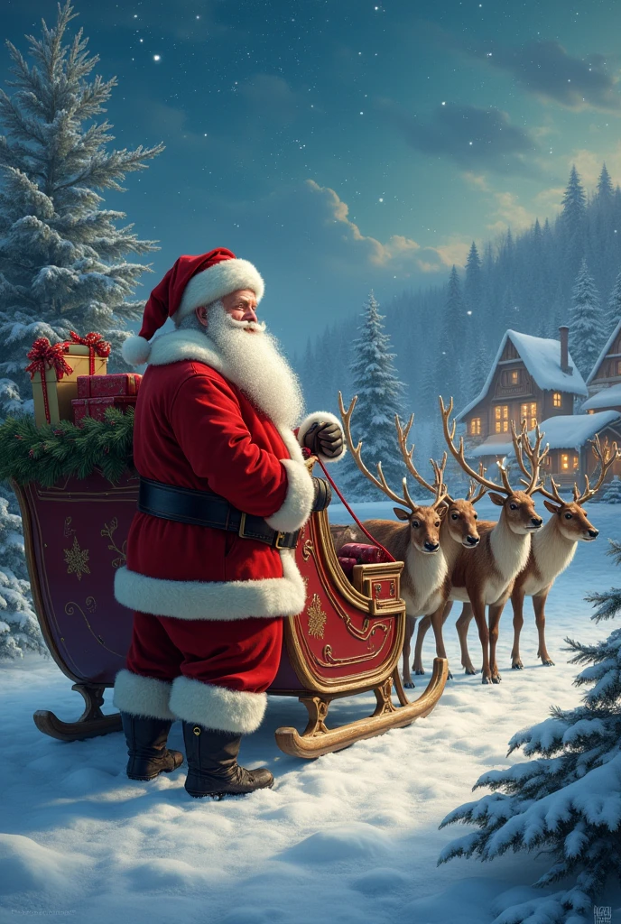 Santa preparing the sleigh to leave