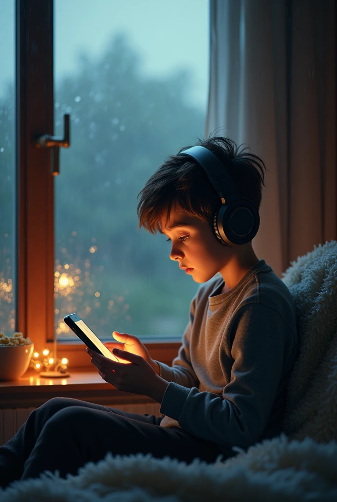 Boy seating in room on chair with mobile
wearing head phone , rain , window, ratio 9:16