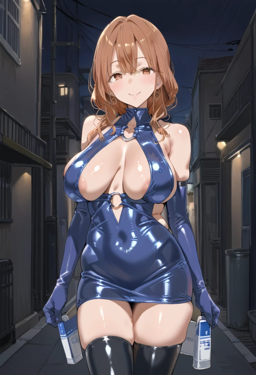 score_9,score_8_up,score_7_up,source_anime,BREAK 1girl, solo, cowboy shot, bodycon, shiny dress, clothing cutout, elbow gloves, microskirt, o-ring, latex, sagging breast, night, alley