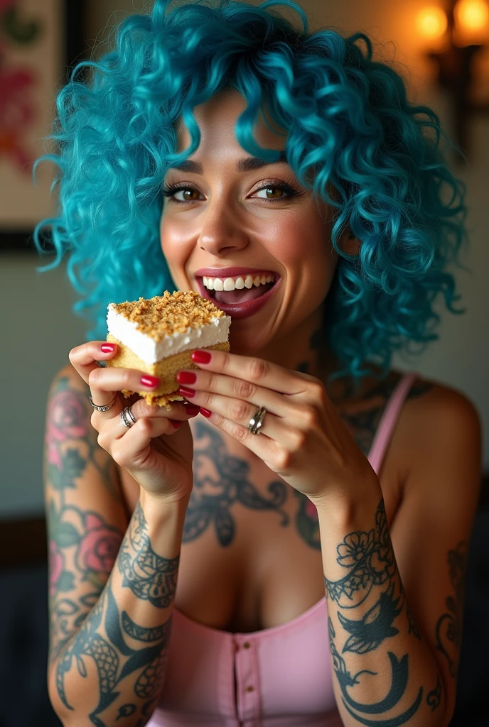 A Latina with blue curly hair and tattoos eating cake